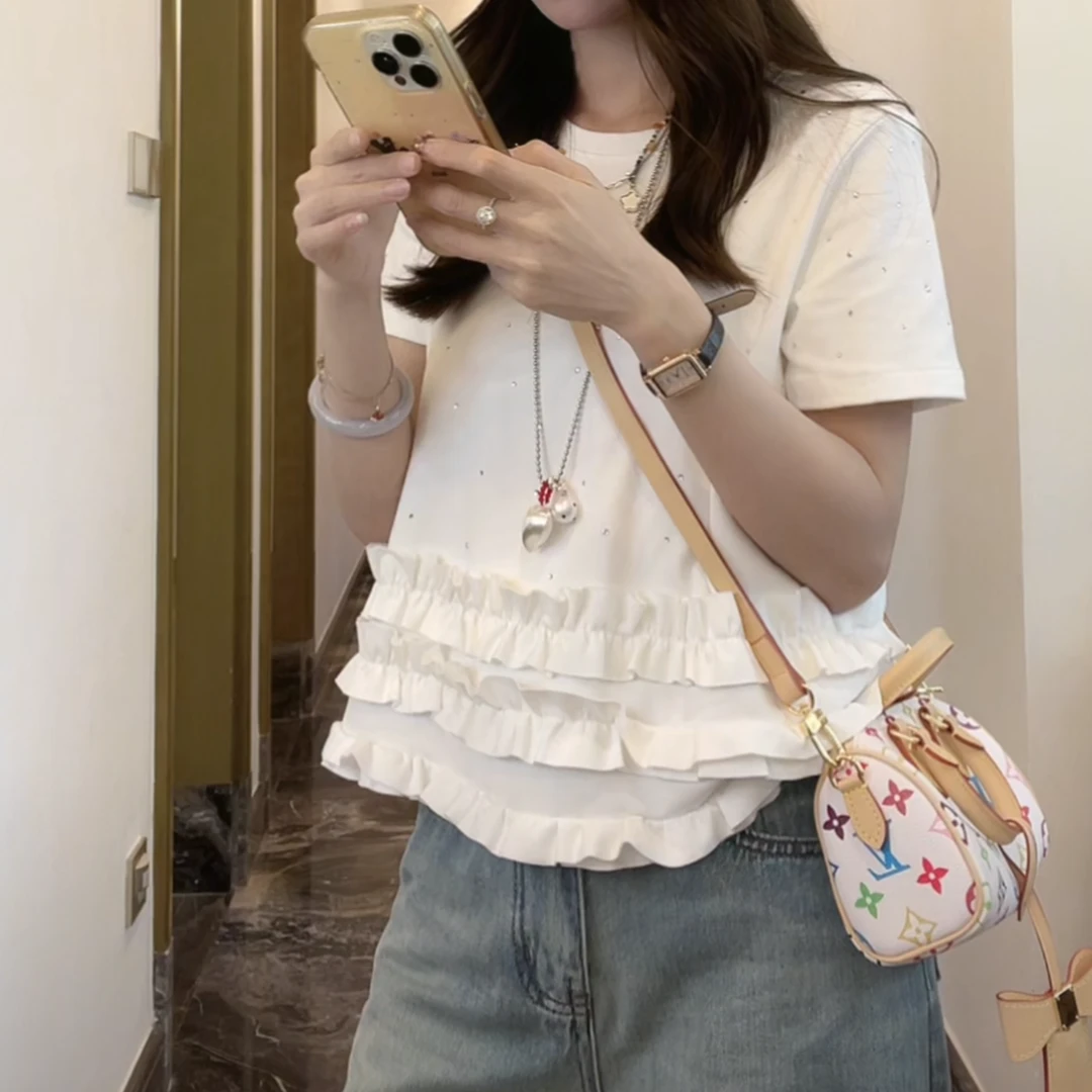 亮晶晶闪闪花边上衣2025新款春季拼接高级时尚气质设计感重工T恤