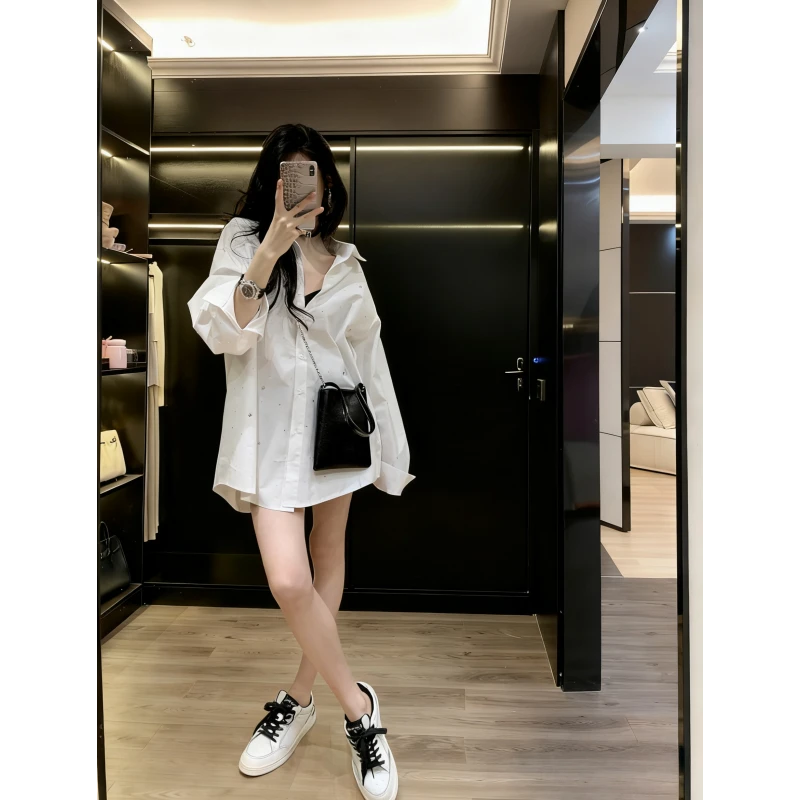 白色烫钻衬衫2025秋季新款女韩版休闲宽松慵懒衬衣高级感长袖上衣