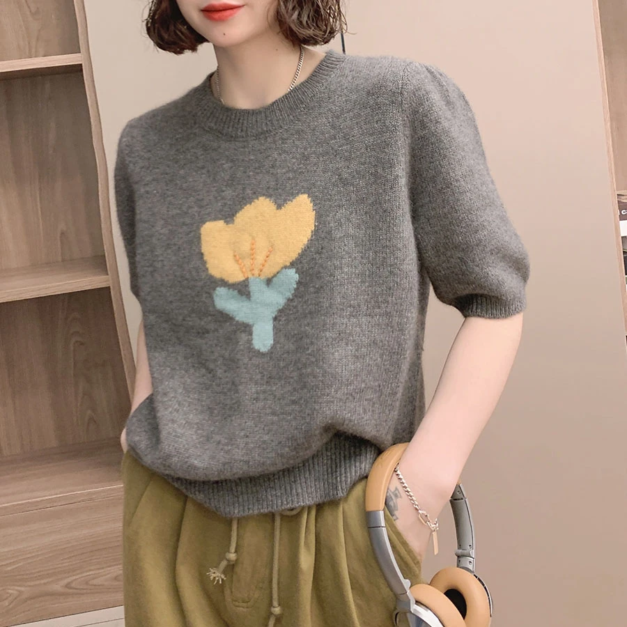 花朵郁金香短袖毛衣女2025秋季慵懒风软糯圆领针织衫打底上衣
