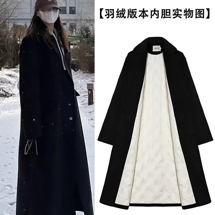 黑色羽绒服内胆大衣女2024秋冬季中长款高级感宽松加厚毛呢外套