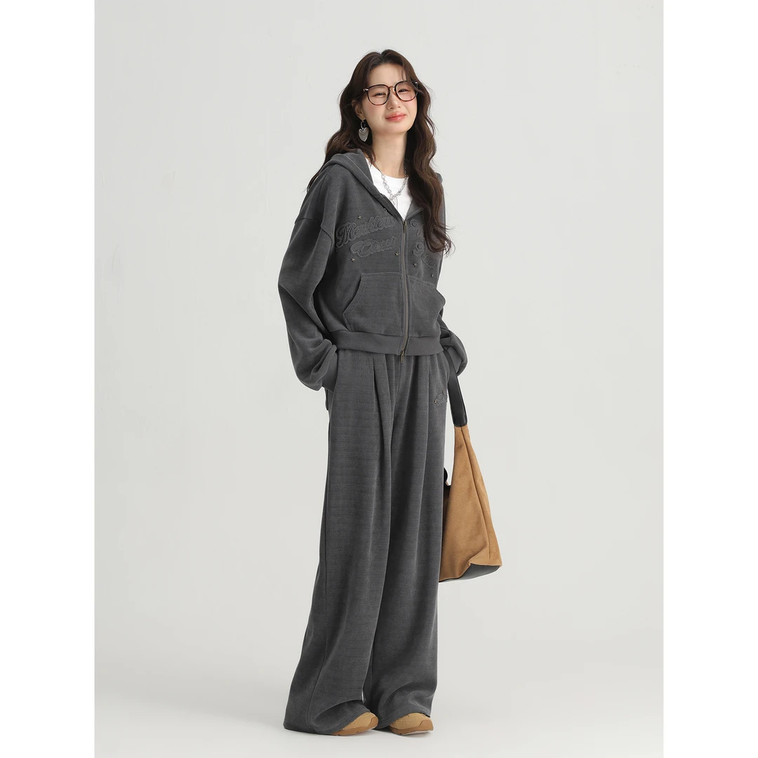 爱蔷薇大码连帽卫衣外套阔腿裤女秋冬装一整套高级套装GT74631