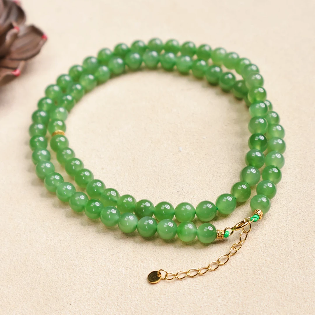 【一源珠宝】天然和田玉碧玉项链女神链6MM S925银