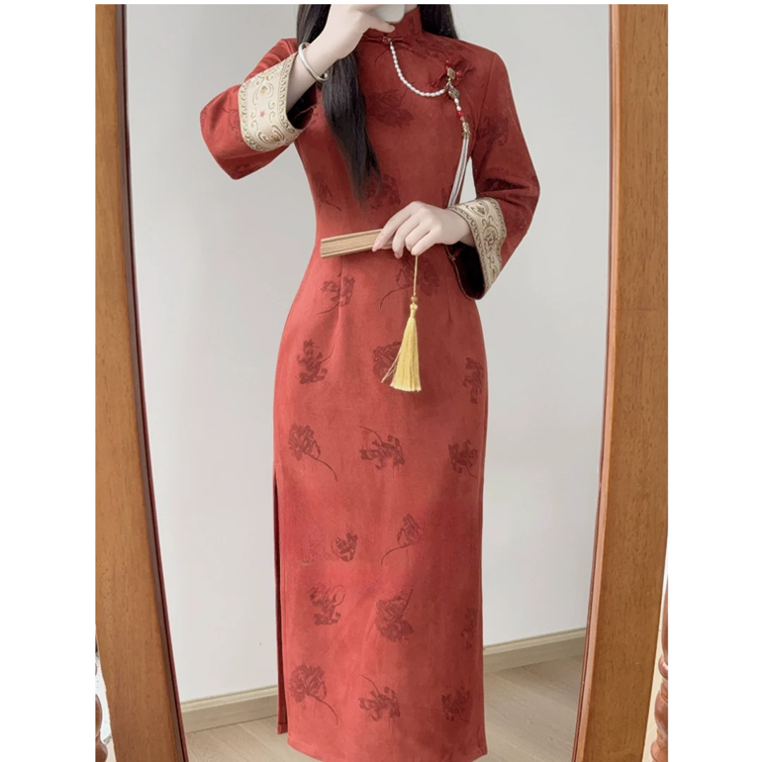 【照月】新款秋冬季锈红色年轻款旗袍女长袖国风复古高级感连衣裙