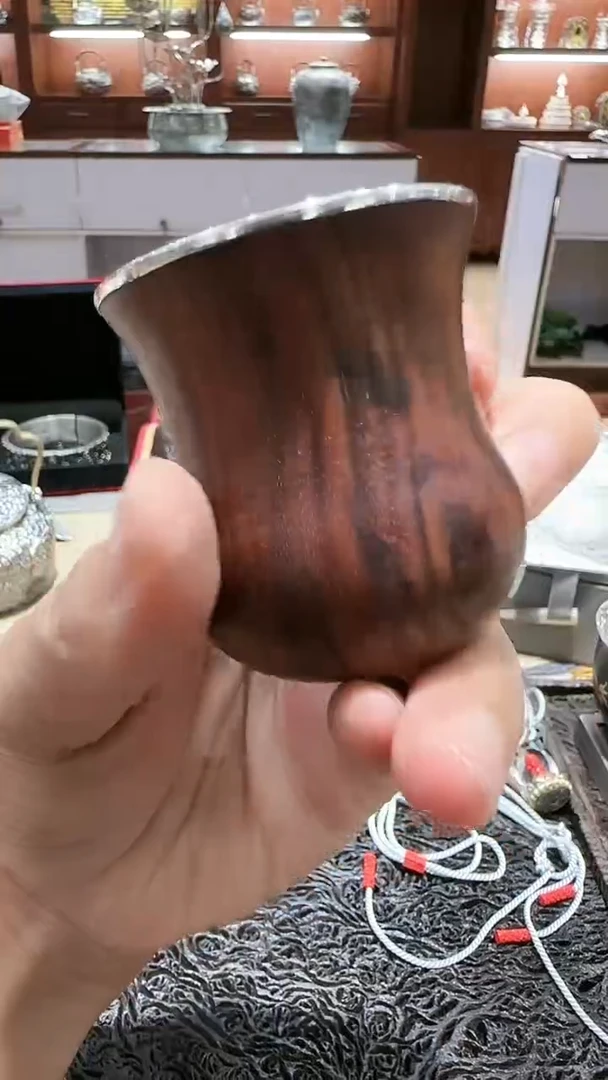 足银999精工手工收腰黄花梨主人杯
