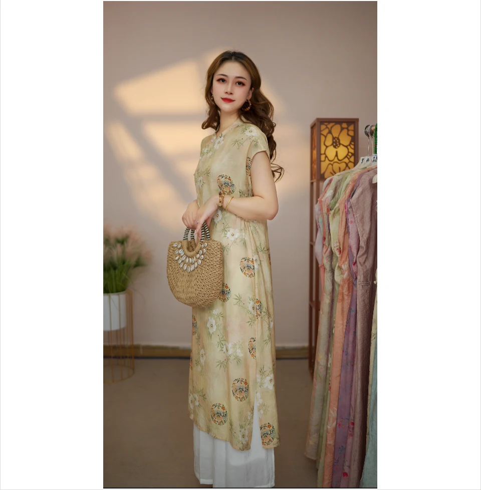 绣麻【白茶花】月亮袖001新款夏季女装连衣裙新中式气质百搭显瘦