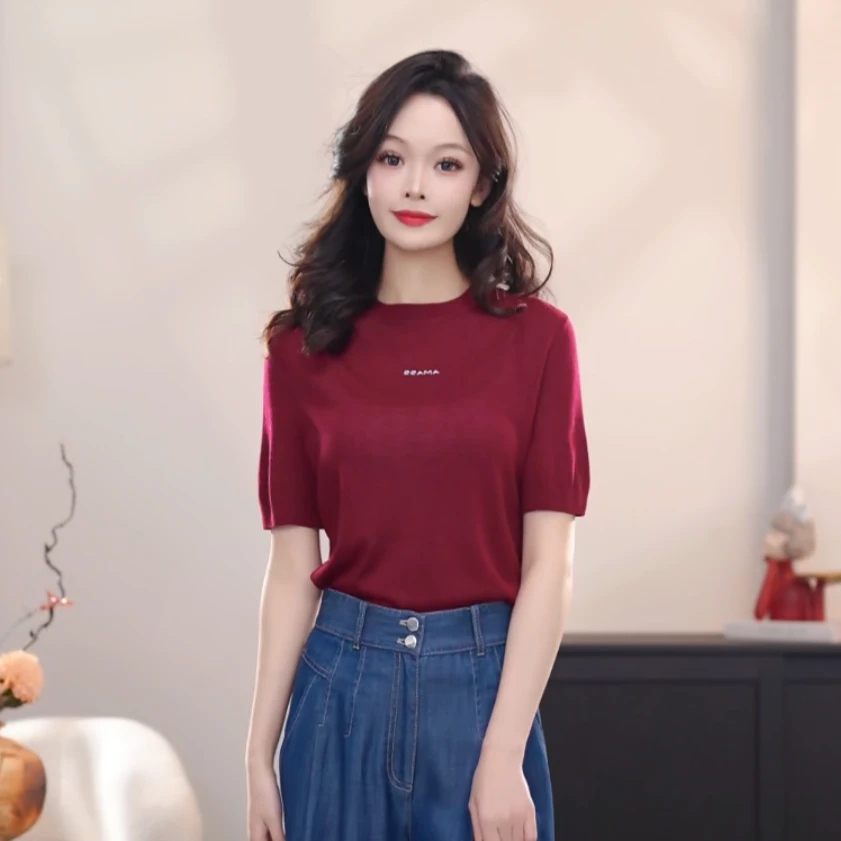 AMASS/阿玛施 圆领极简半袖针织衫女纯色中袖538053薄款气质简约