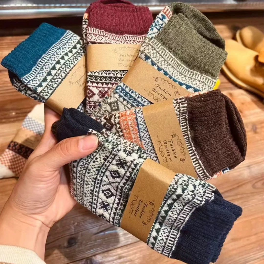 复古粗线秋冬保暖加厚民族风图腾中筒男女袜子2025冬天冬季纯棉