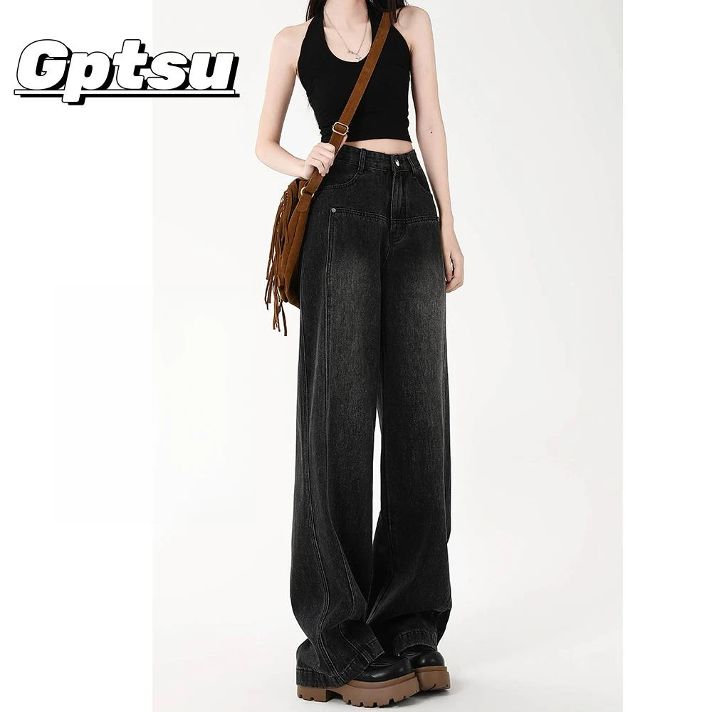 GPTSu复古港风黑色高腰显瘦牛仔裤春秋新款美式阔腿裤宽松长裤女