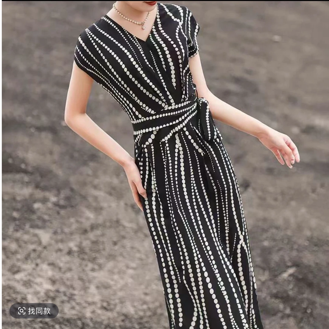 【JX49波点裙】2025时尚优雅百搭洋气款夏季短袖中长款连衣裙