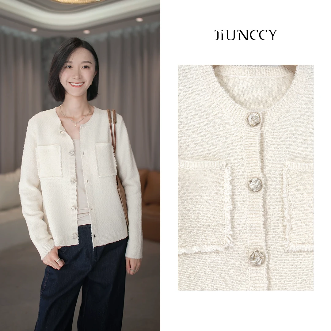 JIUNCCY【白茶】羊毛粒子纱拉毛双口袋小香风毛织开衫外套 52YZZ126