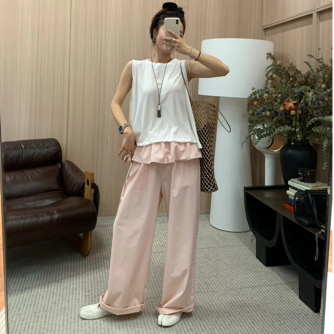 ByJunjun【怦然心动】假两件荷叶边屁帘抽绑带阔腿裤