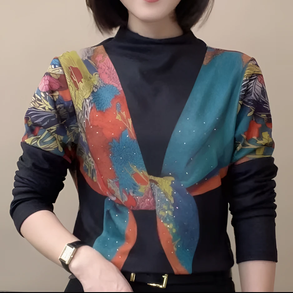 秋季新款拼色印花长袖半高领百搭洋气减龄时尚显瘦修身打底衫6615