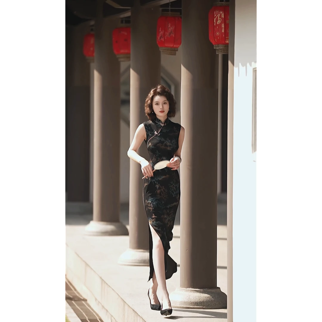 彩彩家【千里江山】春夏原创山水画图案修身复古中式优雅改良款旗袍