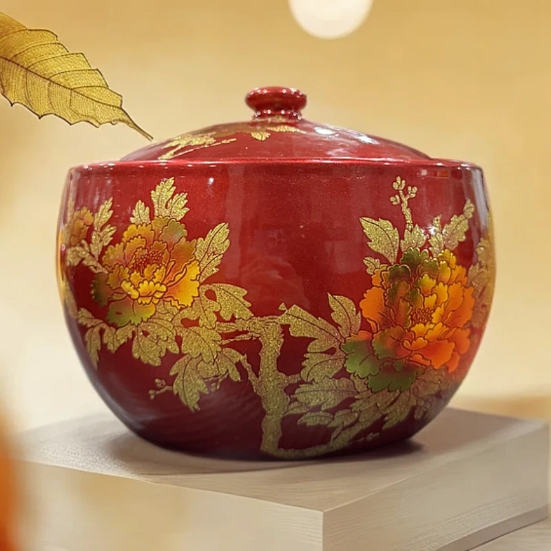 红色水晶釉牡丹装储物罐