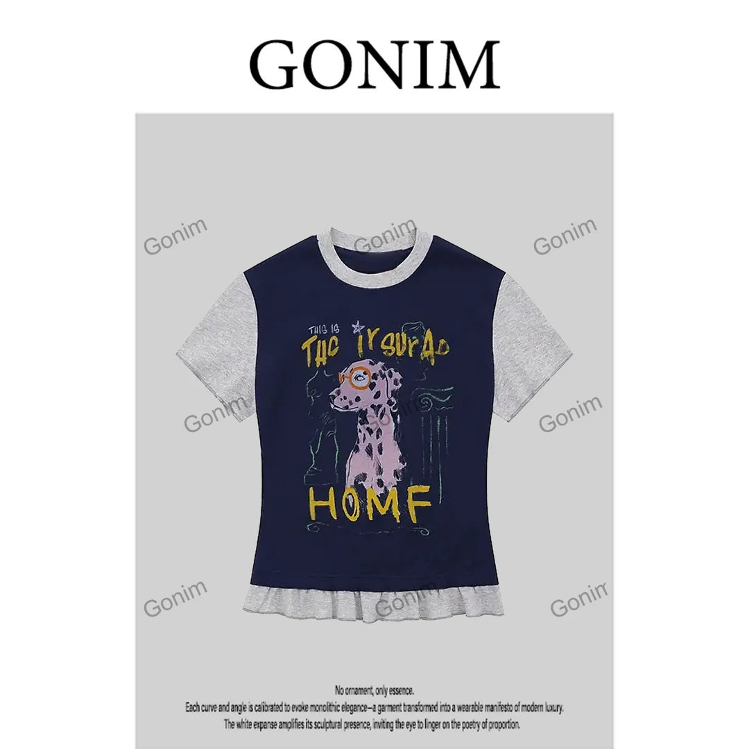 Gonim·"斑点狗"2025新款美式甜美风斑点狗撞色拼接短袖T恤女