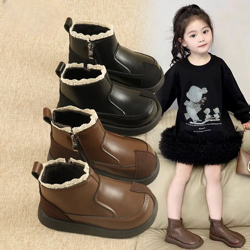 ABC 儿童皮靴女童加绒二棉短靴秋冬新款宝宝防滑软底马丁靴公主鞋