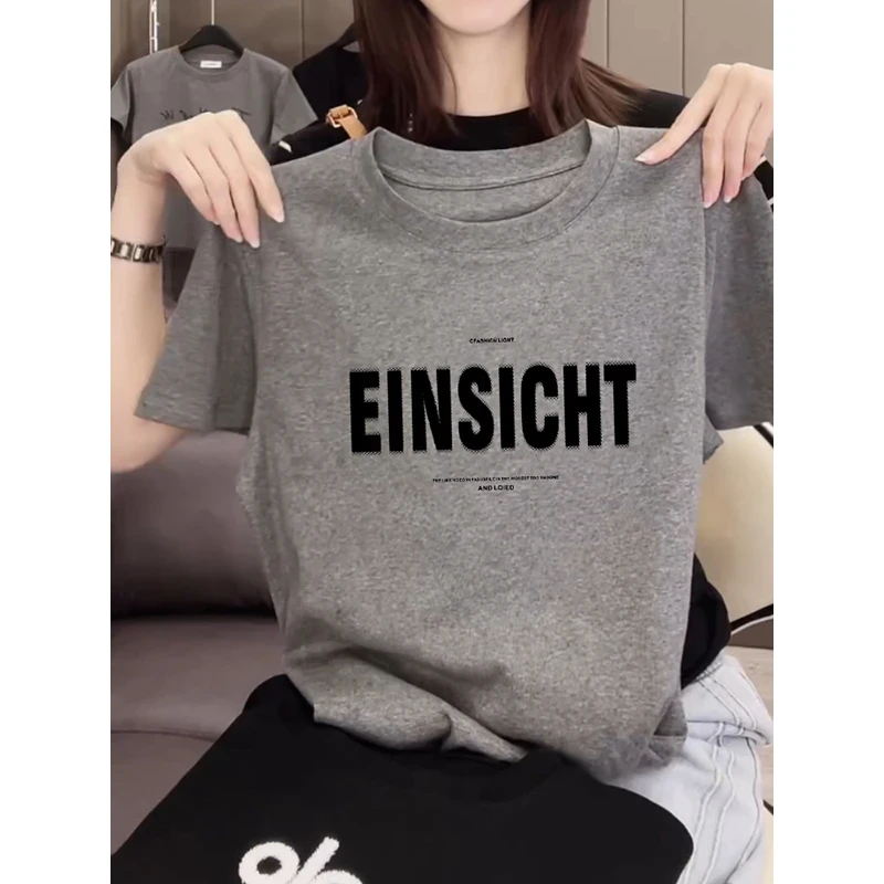 时尚圆领显瘦减龄洋气上衣2025年夏季新款高级灰印花短袖T恤女