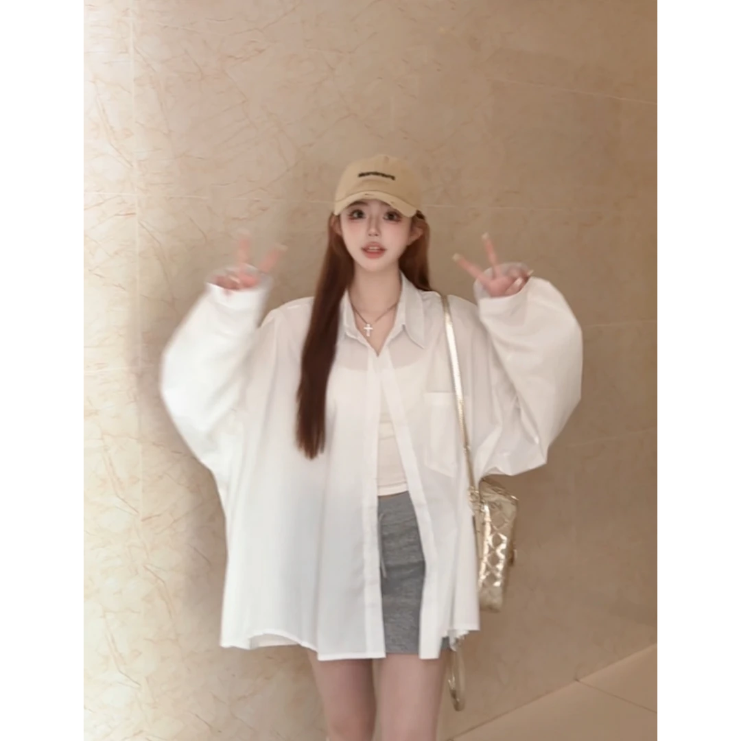 白色时尚polo领衬衫女春慵懒休闲长袖上衣宽松中长款防晒外套衬衣