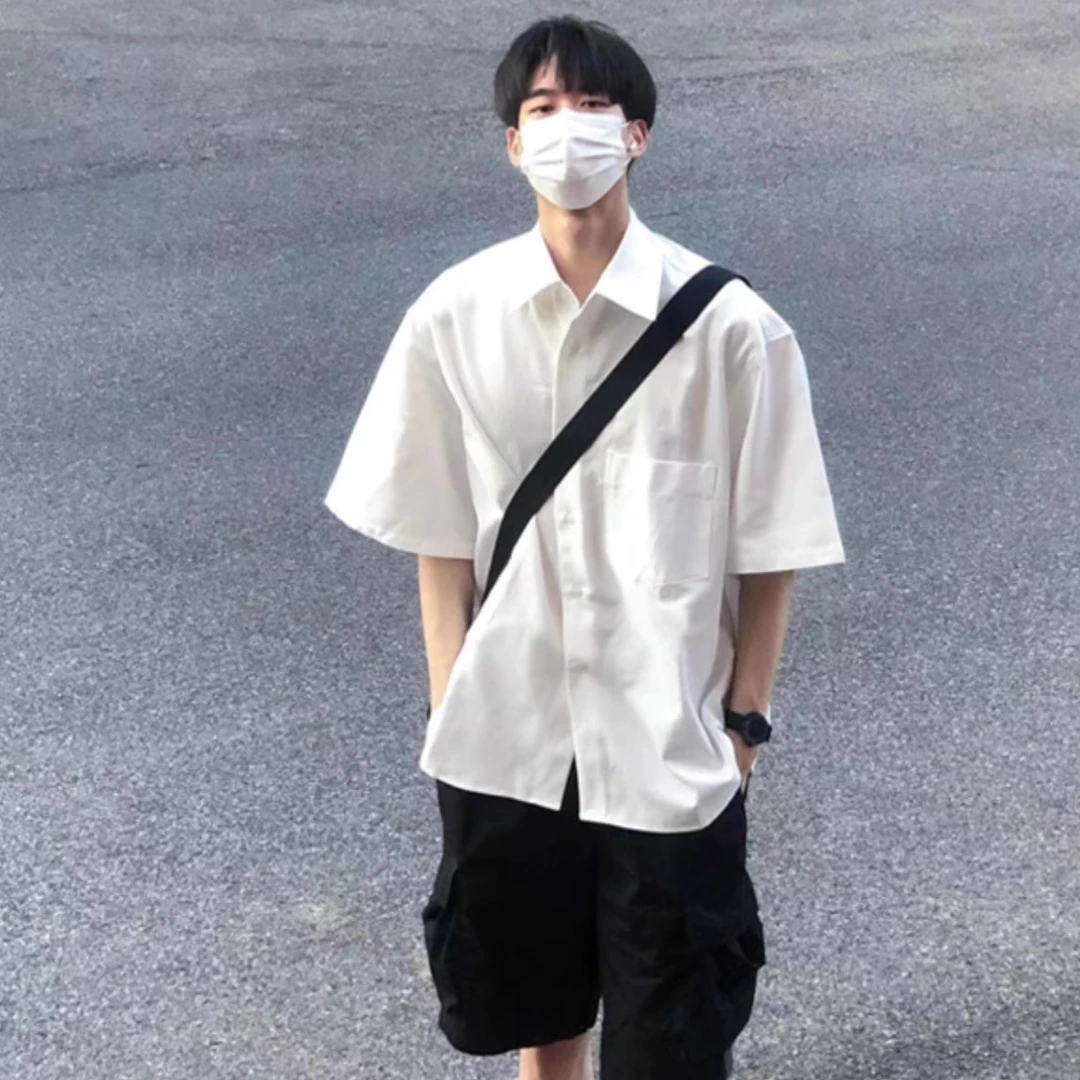 日系少年感dk棉质白色衬衫男短袖夏季潮牌痞帅宽松半袖休闲衬衣