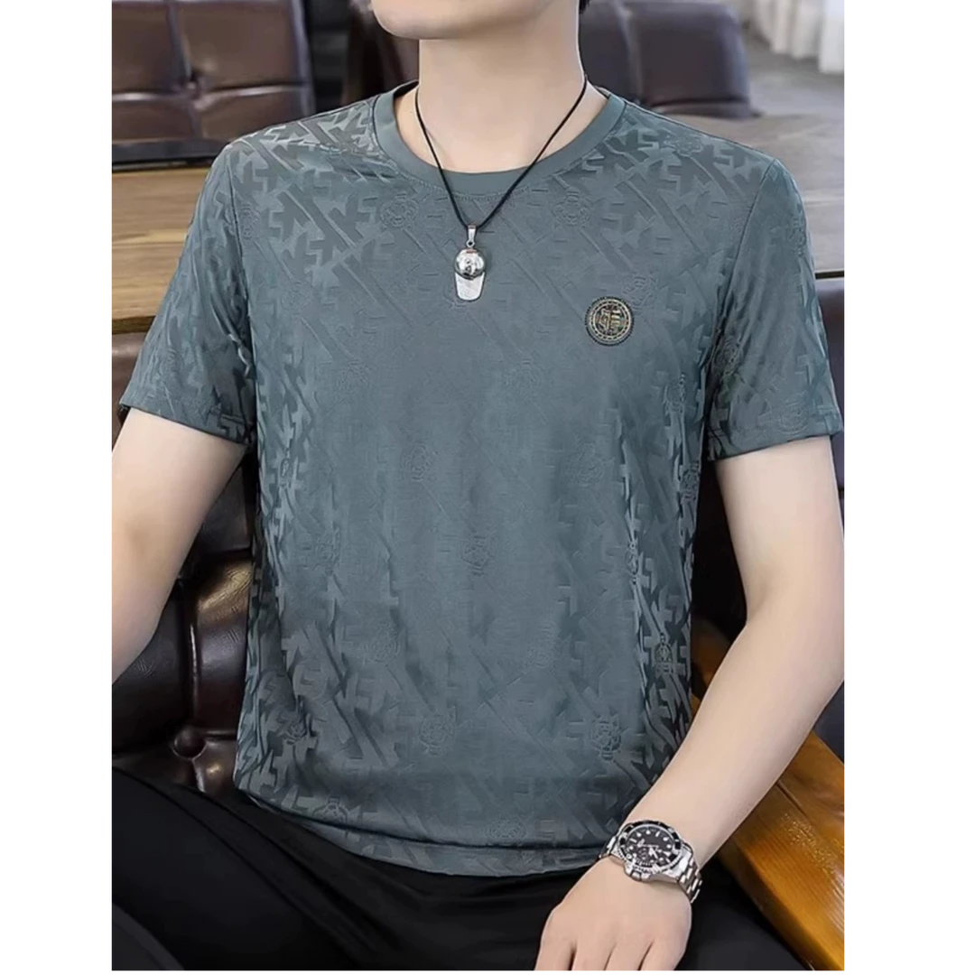 DASELUENA/达司勒娜暗纹短袖t恤男士夏季冰丝圆领薄款潮流休闲