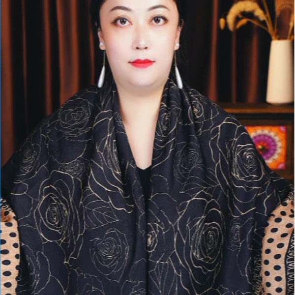 140192黑墨玫瑰围巾女中式风披肩方巾140