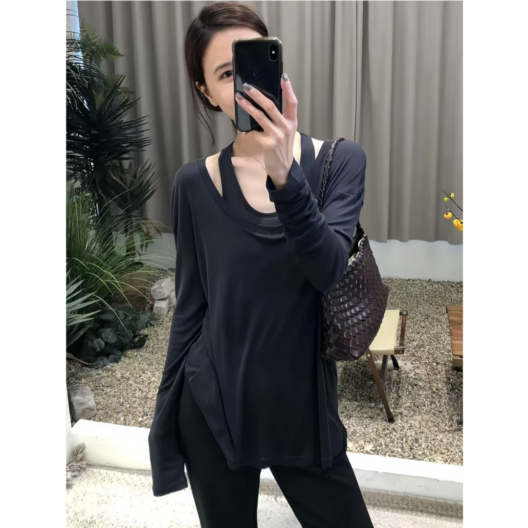 松弛感长袖t恤挂脖背心两件套女早秋季穿搭叠穿罩衫薄款上衣套装