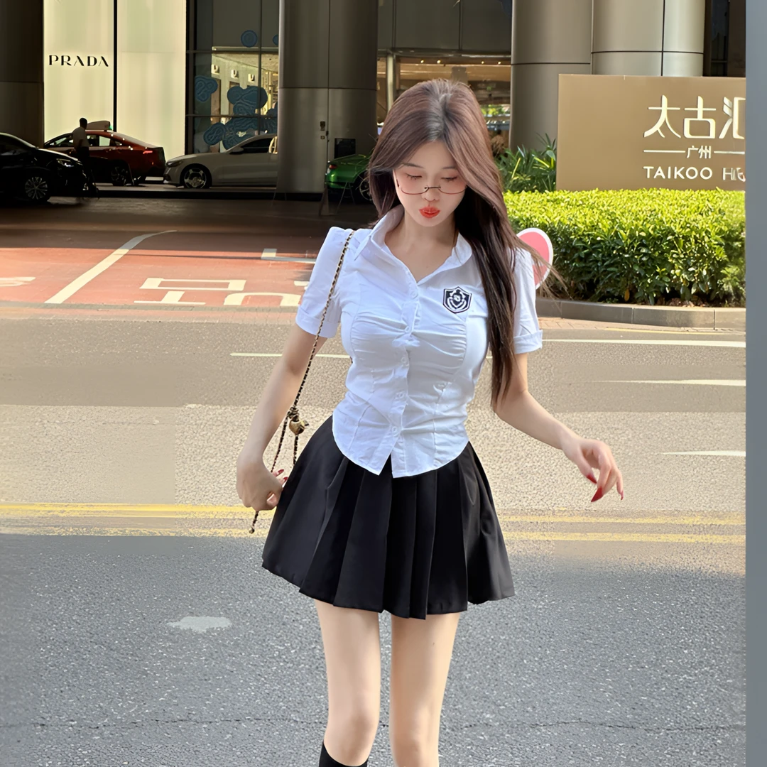 纯欲收腰白色衬衫女夏季学院风气质显瘦短袖衬衣辣妹百褶裙jk制服
