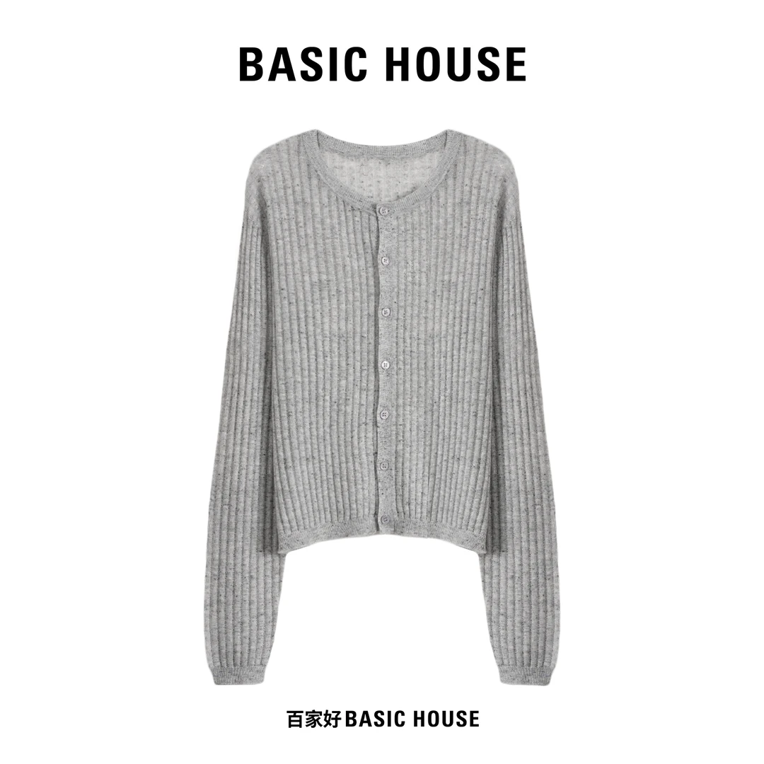 Basic House/百家好2025秋季新款竖条纹圆领单排扣针织衫L232 MM