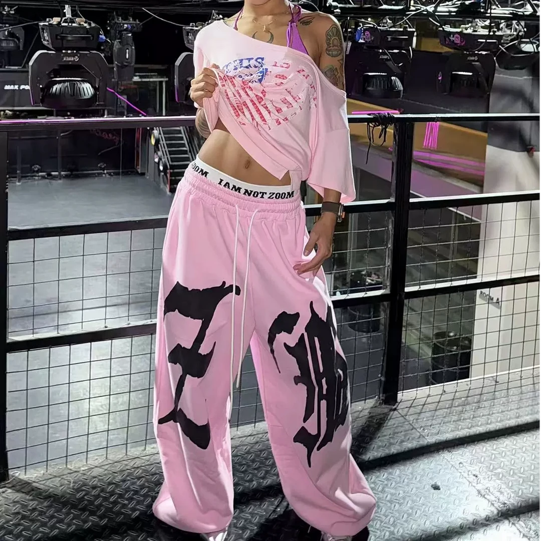 美式街舞双腰头字母印花休闲卫裤女宽松垂感嘻哈风跳舞运动阔腿裤