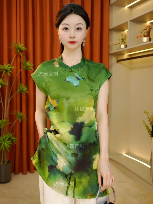 【锦绣】2025新款新中式短袖上衣女装立领中长款夏季T恤优雅气质