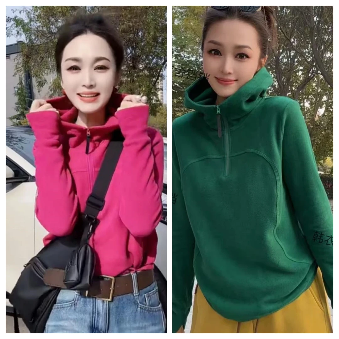 韩依舍双面德绒连帽卫衣女冬季2024年爆款半拉链宽松保暖外穿上衣