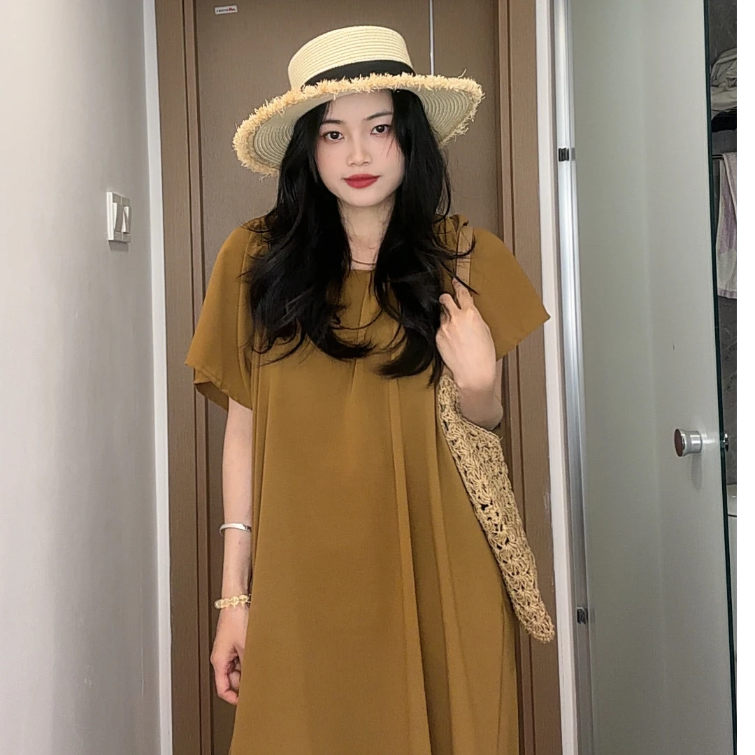 中长裙显瘦遮肉夏季套头大码女装连衣裙夏装宽松中长款设计感法式