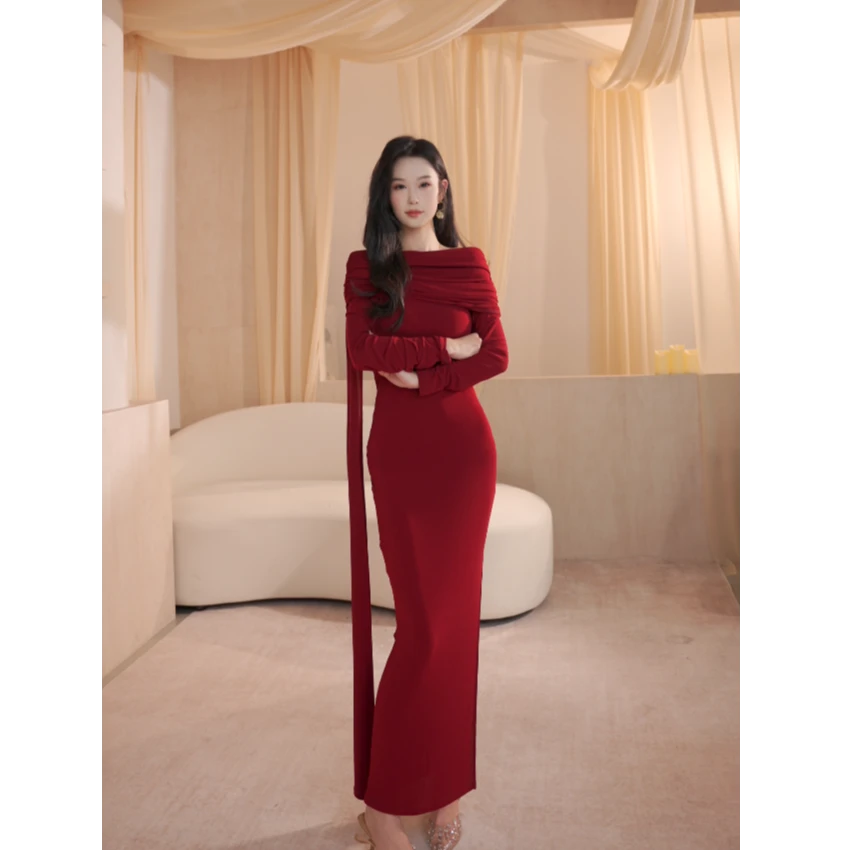 【双旦西野红】可一字肩可斜肩气质中式美开叉连衣裙C-12066