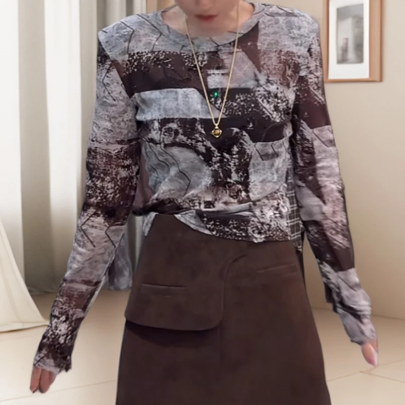 复古扎染辣妹风植绒长袖上衣2025秋季新款小众设计感撞色圆领T恤