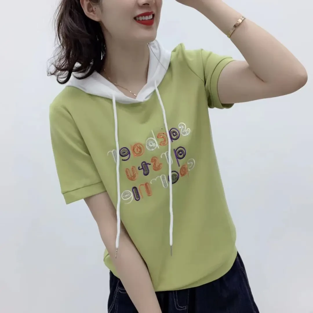 夏季新款连帽短袖T恤女时尚休闲百搭显瘦帽衫洋气减龄女士上衣
