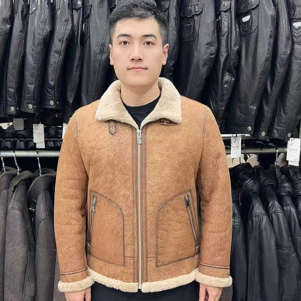 美利奴男士冬款原生态羊皮羊毛皮毛一体立翻领保暖抗寒夹克