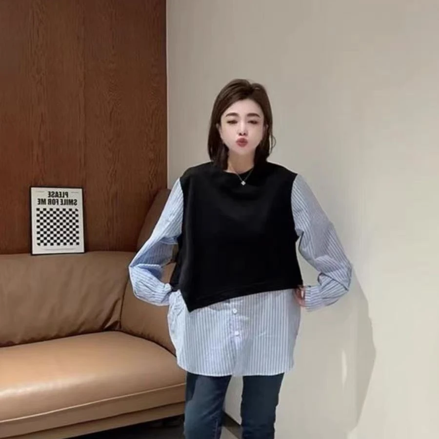 2025春季假两件拼接条纹衬衫 宽松显瘦百搭衬衫女