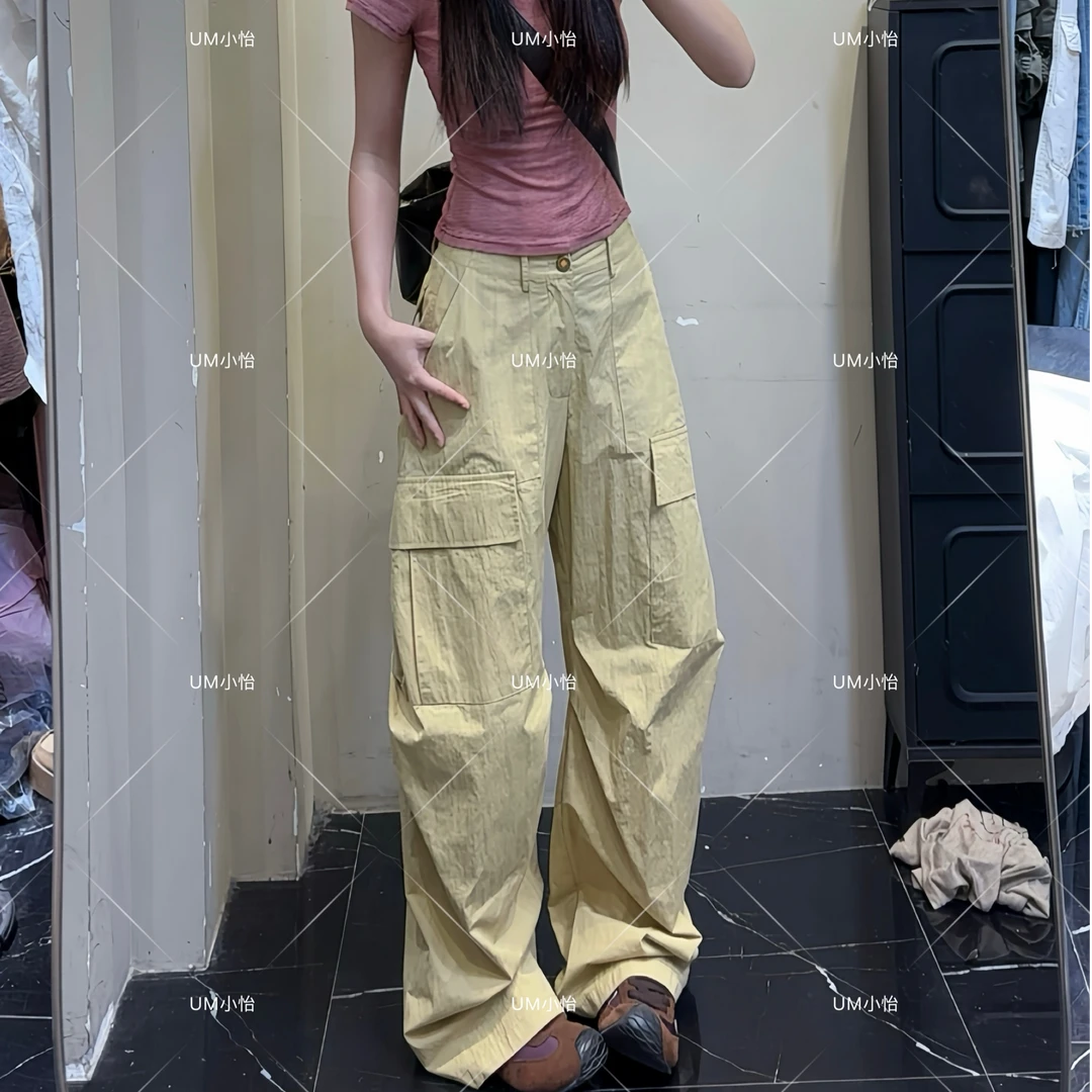 鑫怡定制【夏日来杏】夏季新款美式复古女显瘦宽松阔腿弯刀工装裤