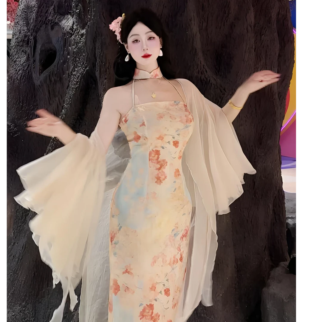 【夕拾花】新中式碎花清新改良挂脖抹胸吊带裙新中式旗袍裙