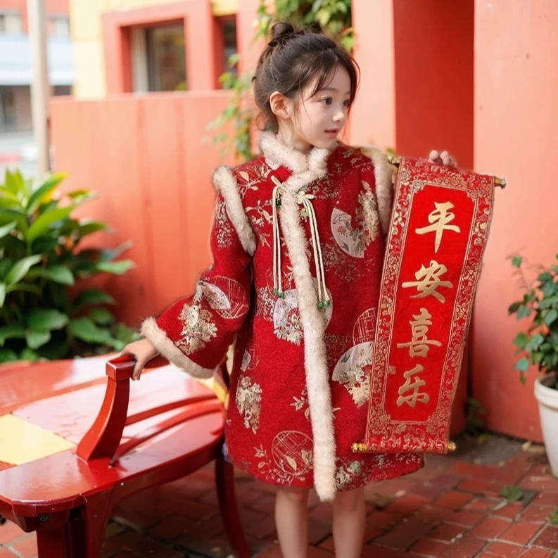 女童拜年服大儿童过年服冬装加绒旗袍女孩加厚新年衣服中国风汉服