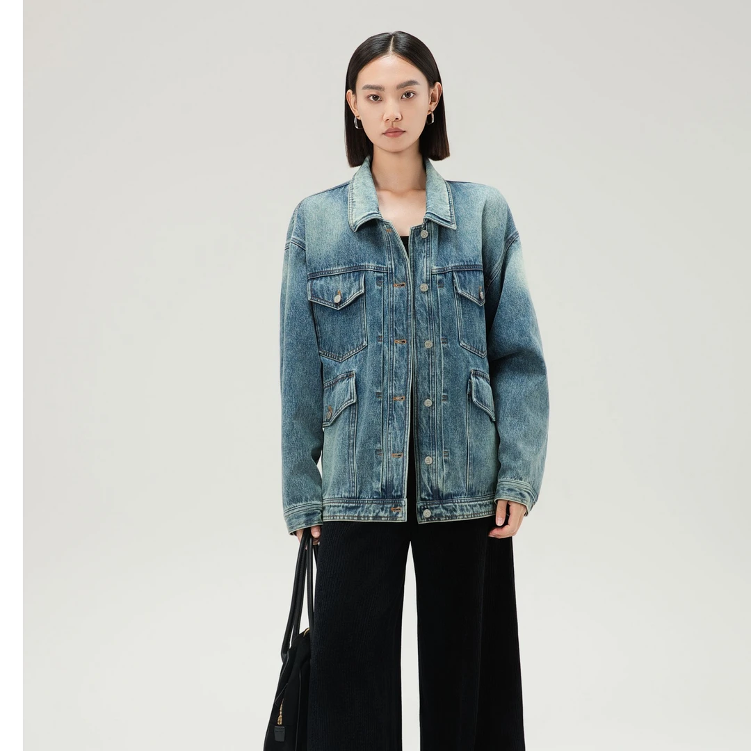 BRM(机车口袋)设计师款重工做旧中性风机车口袋牛仔外套9652