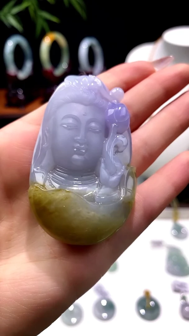 未镶嵌把件翡翠紫罗兰天然缅料A货紫黄翡观音手把件