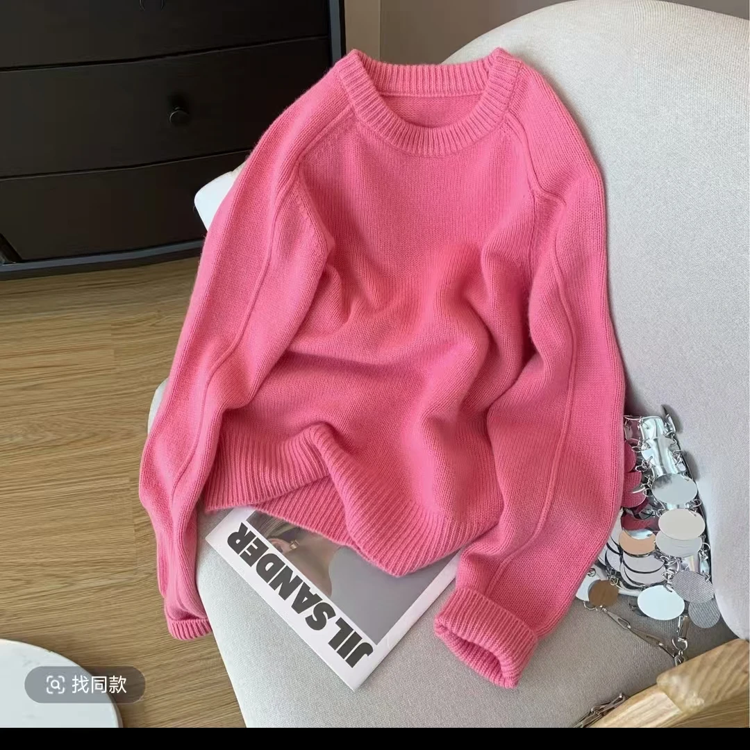 【樾织专属】韩系树莓粉软糯圆领套头毛衣女秋冬慵懒风