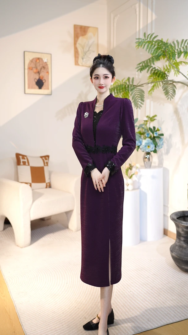【巴黎之夜】复古高级感修身时尚假两件秋新款端庄减龄5Q139