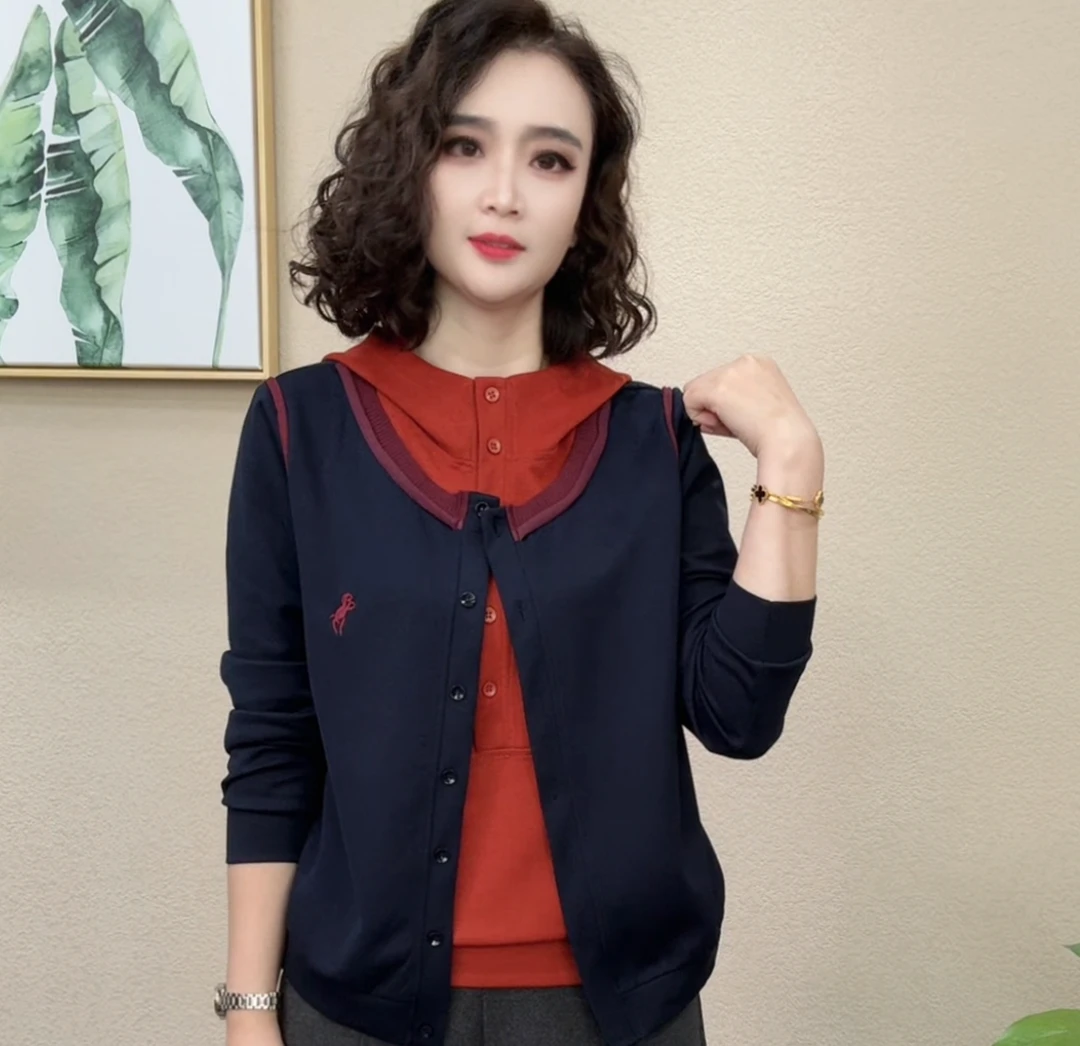 2025秋季新款时尚气质修身显瘦百搭设计感连帽拼色女士上衣#48123