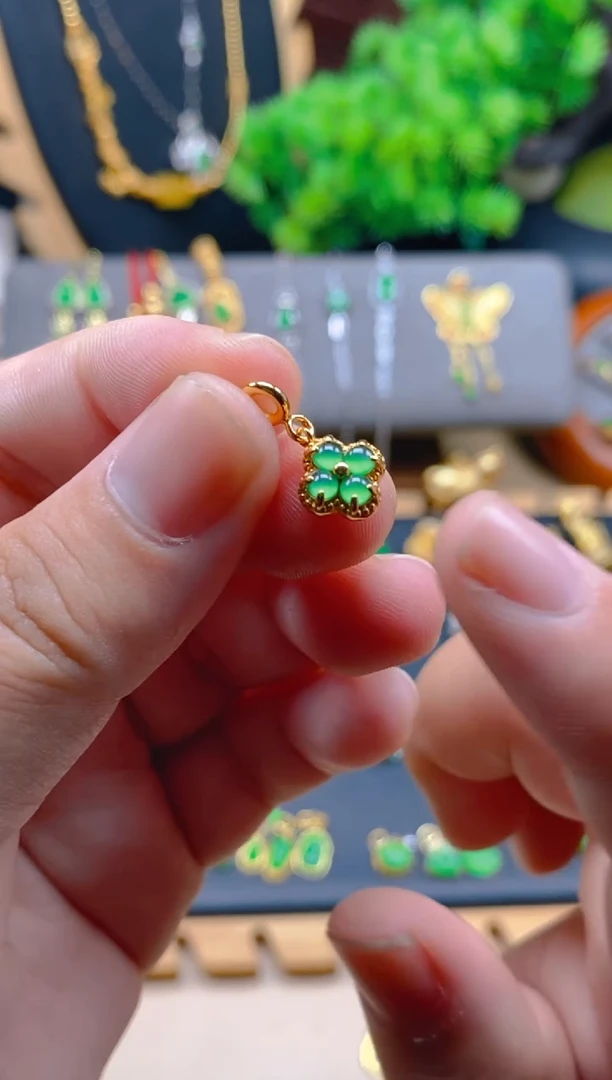 吊坠(不含链)银S925镶嵌翡翠四叶草万能扣