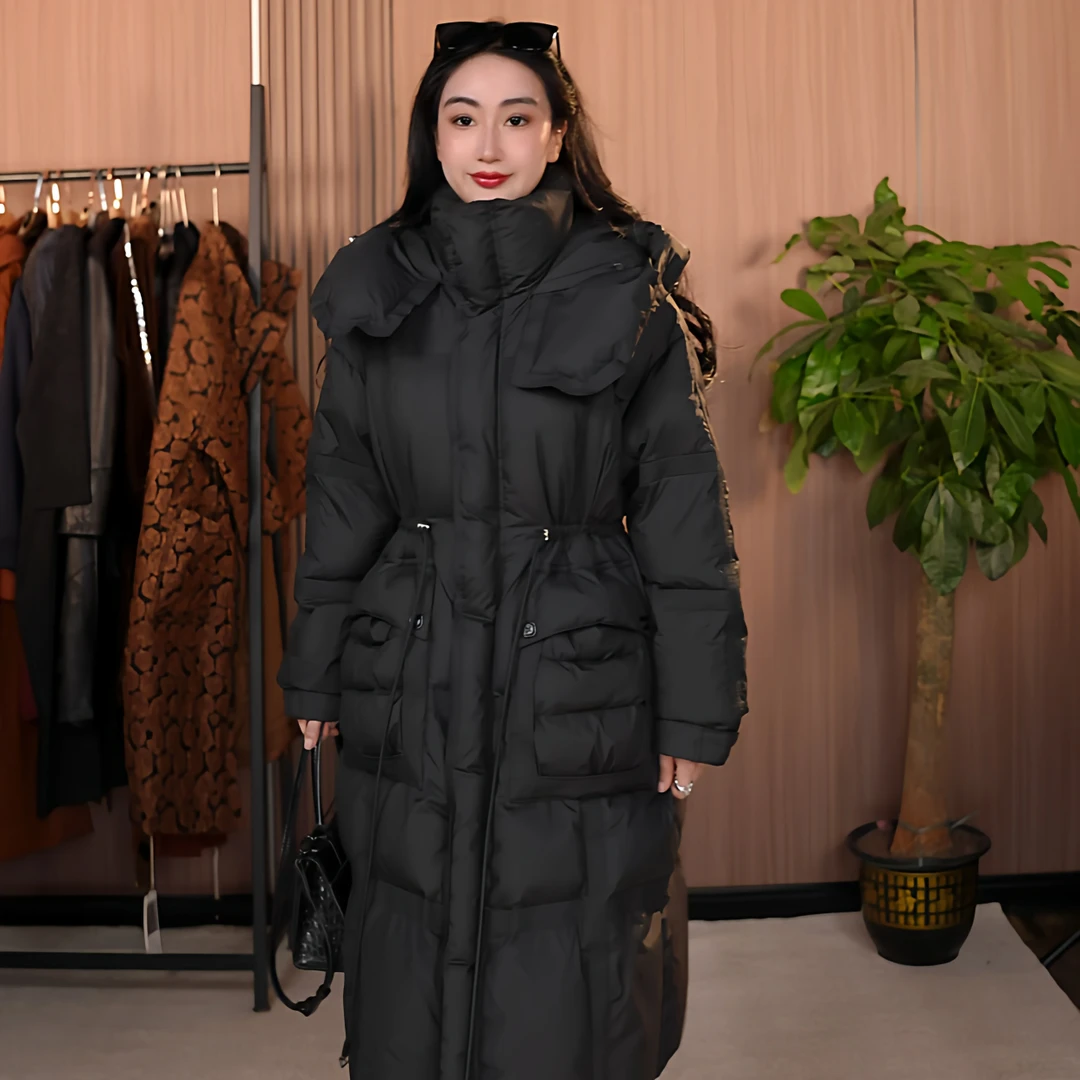 2025冬季新款羽绒服气质百搭大口袋收腰抽绳连帽中长款羽绒外套女