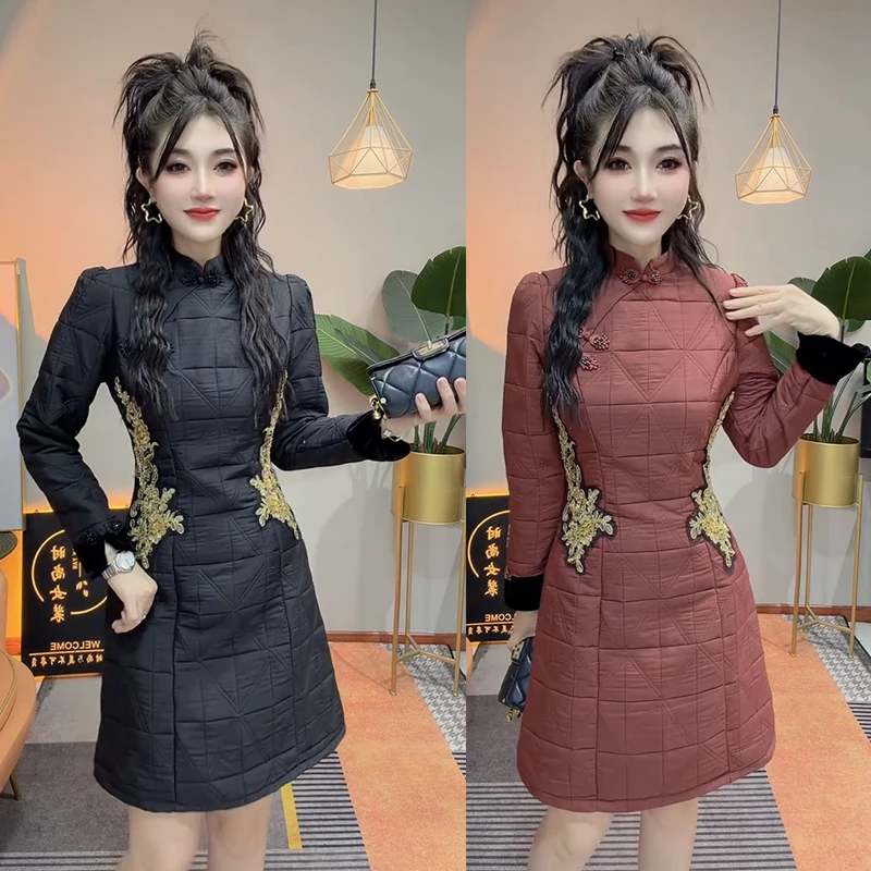 包臀裙冬季A字裙立领斜襟连衣裙收腰显瘦新中式加棉旗袍裙