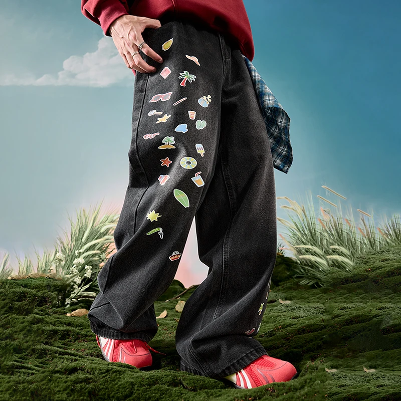 Nuthink复古美式印花牛仔裤宽松潮牌做旧休闲薄款男2025夏季新款