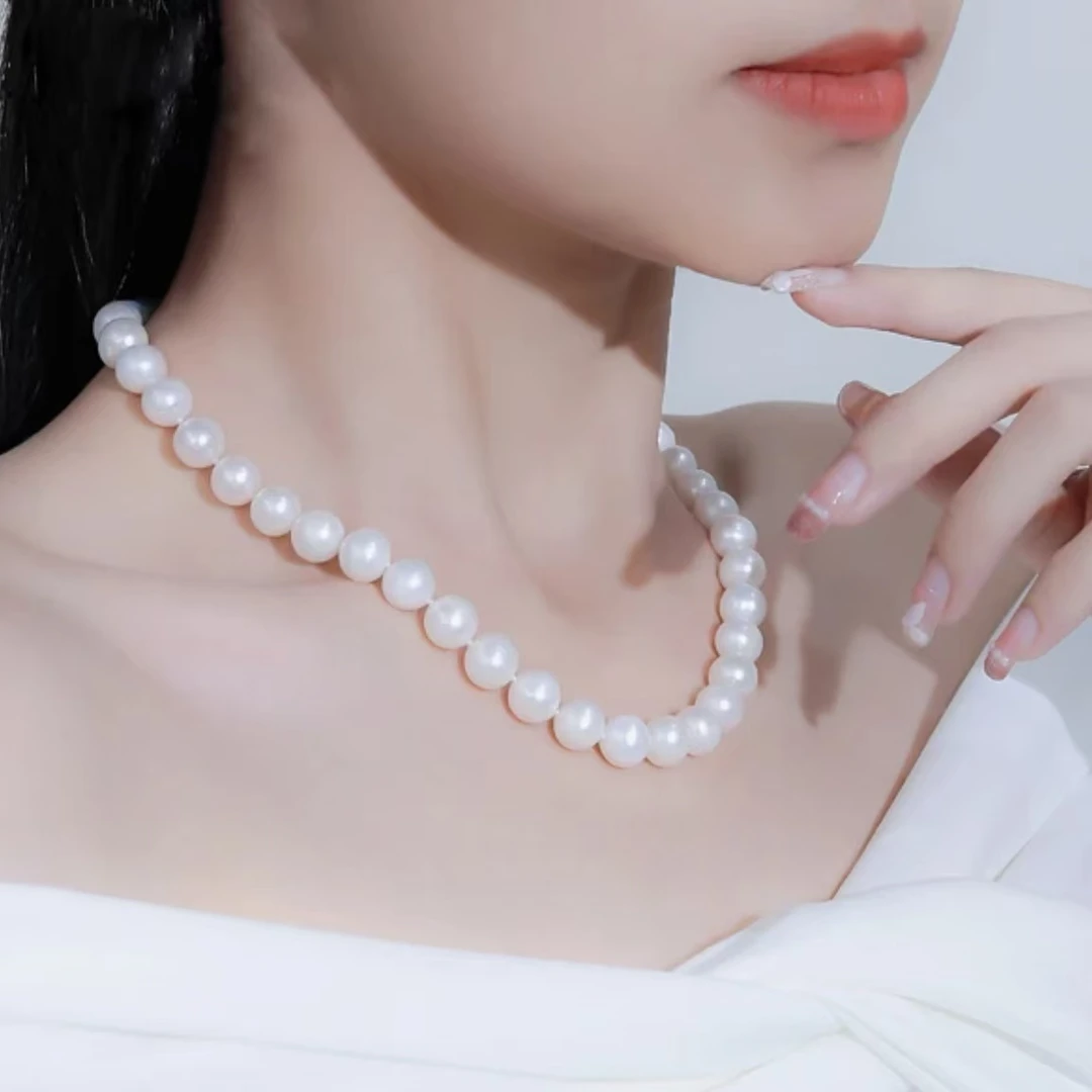 【三生专享】S925银淡水有核9-11mm极强光白珠项链/白细胞